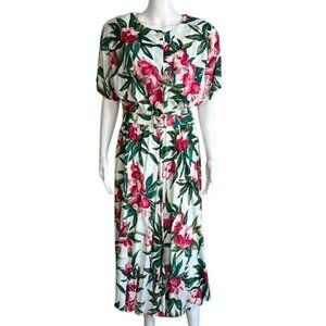 Vintage 90s Carol Anderson Cream Tropical Floral Belted Button-down Knee Length